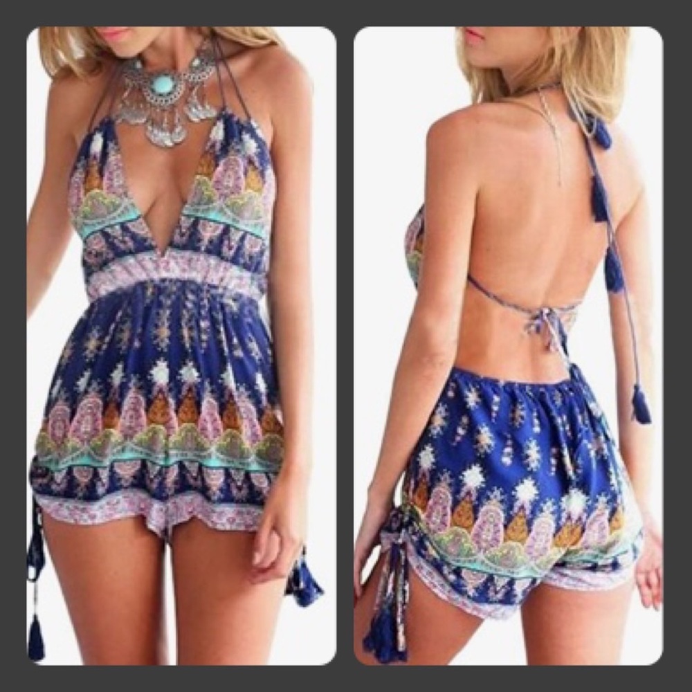 Boho Halter Tassel Tie Backless & Adjustable Shorts Romper-M